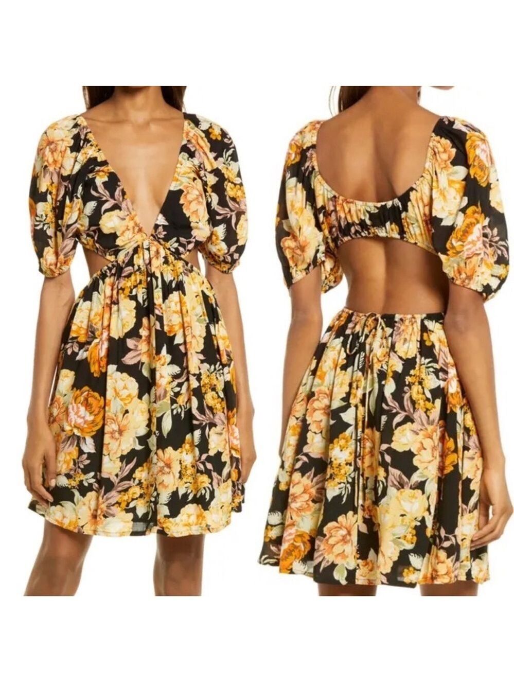 Bardot floral flower print short puff sleeve cut-out V-neck dress M open back